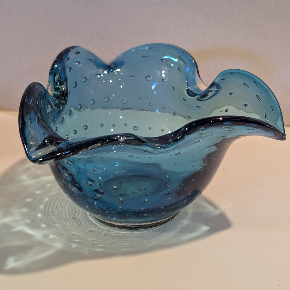 Vintage Bullicante Controlled Bubbles Blue Glass Bowl Studio Crafted By Murano